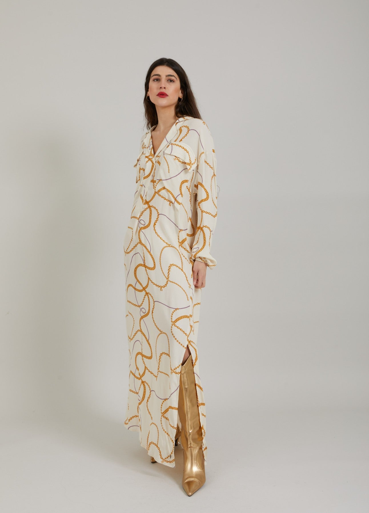 LONG SHIRT DRESS W. CHAIN PRINT