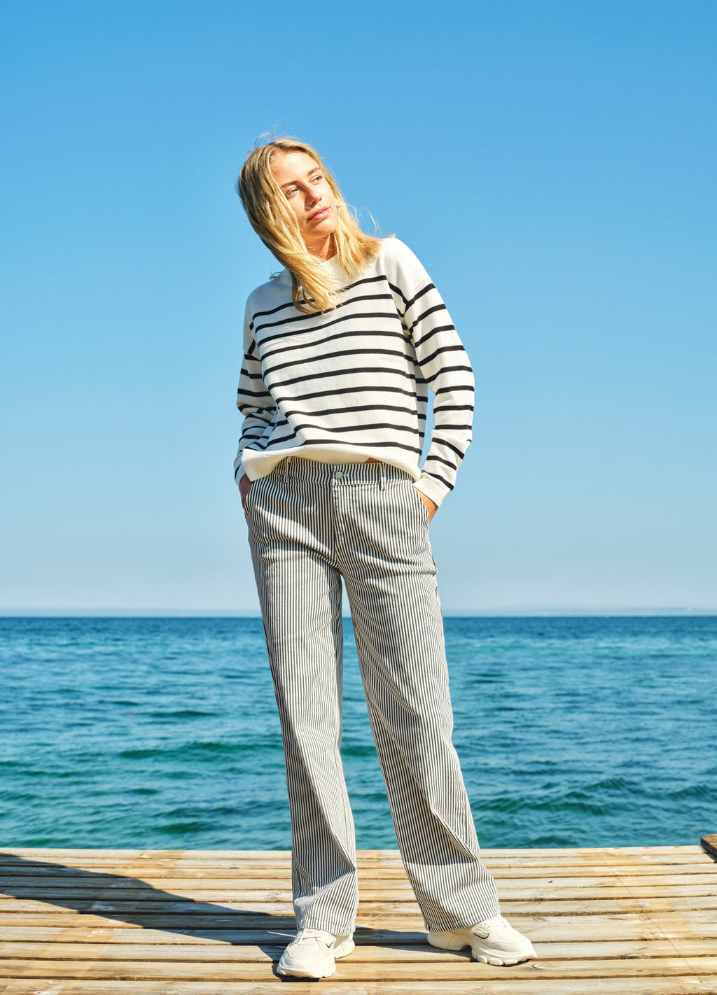 Blue and black striped pants top