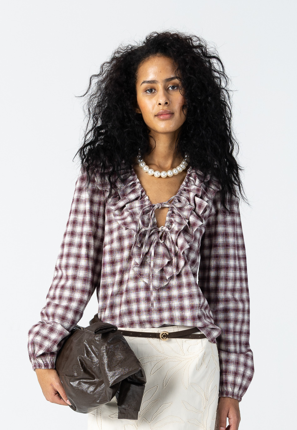 Checked ruffle top - Creme/ bordeaux check – costercopenhagen.com