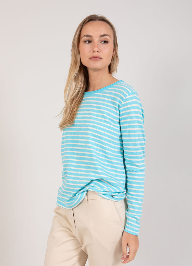 Coster Copenhagen LONG T-SHIRT WITH STRIPES T-Shirt Aqua blue/creme stripe - 584