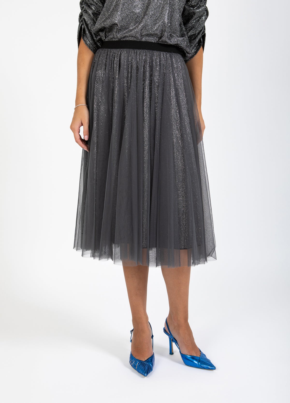 SKIRT WITH PLISSE AND GLITTER - Silver/black SKIRT WITH PLISSE AND GLITTER - Silver/black